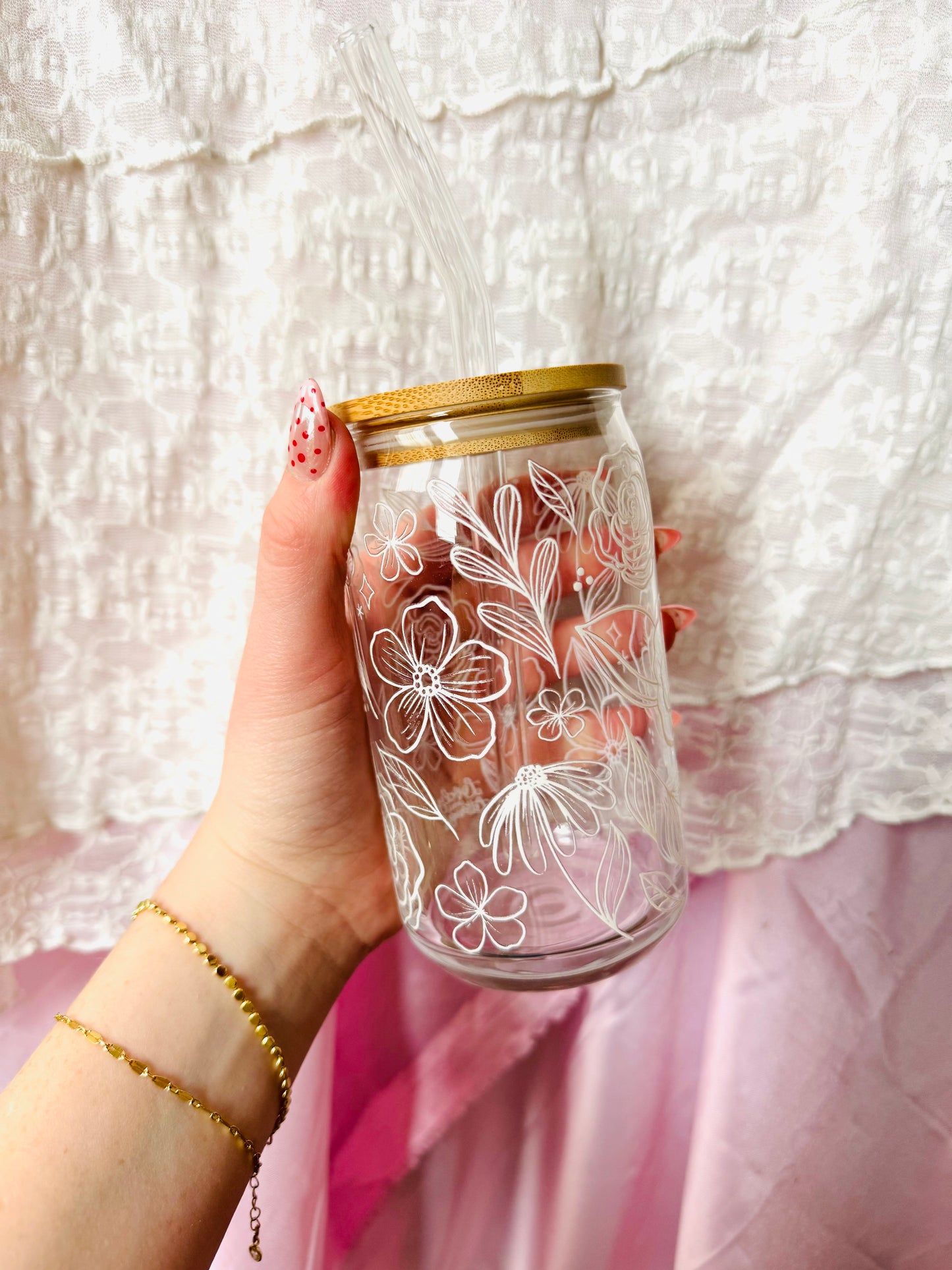 White Floral Glass Cup