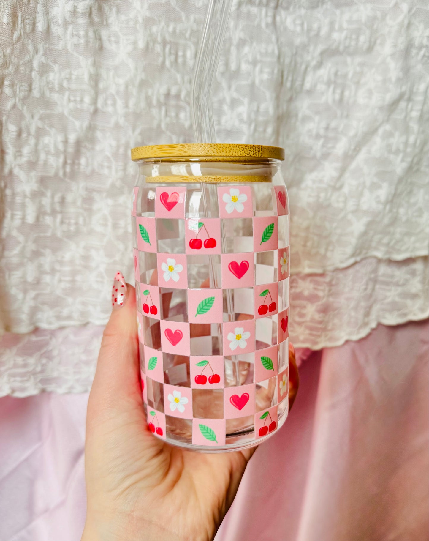 Cherry Squares Glass Cup