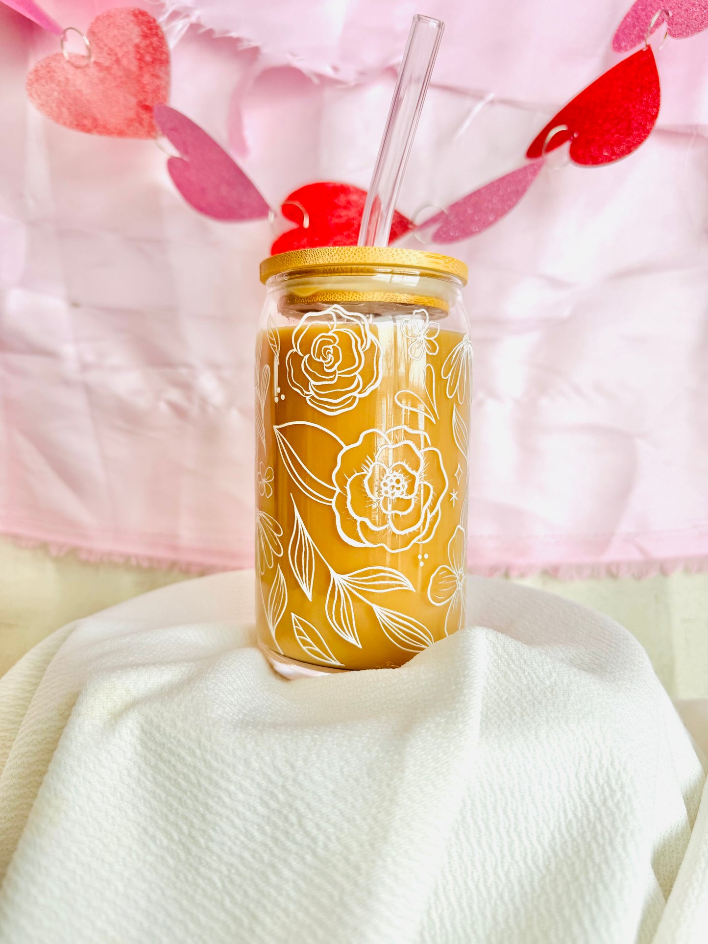 White Floral Glass Cup